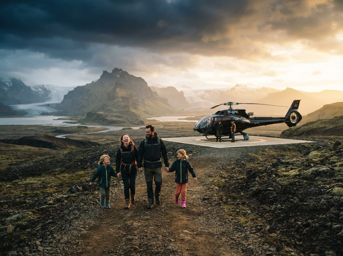 A family walking together across a dramatic landscape toward a private helicopter at golden hour