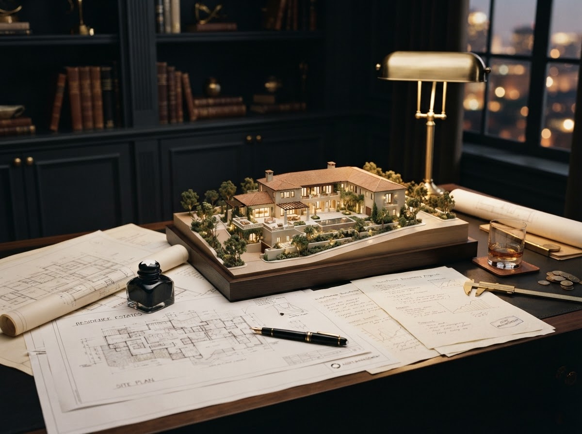 Architectural models and investment documents in warm golden light