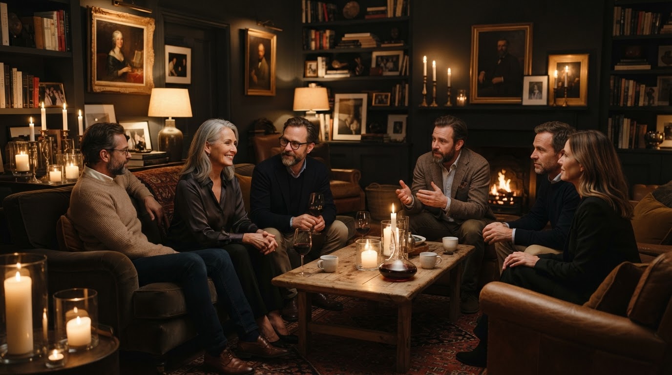 An intimate gathering in a warm candlelit private residence