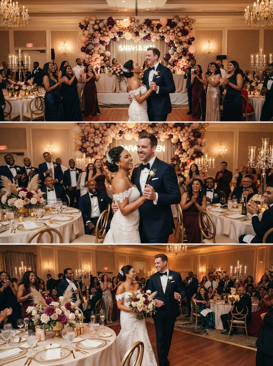 Mixed race multicultural couple wedding with diverse guests and luxury floral décor