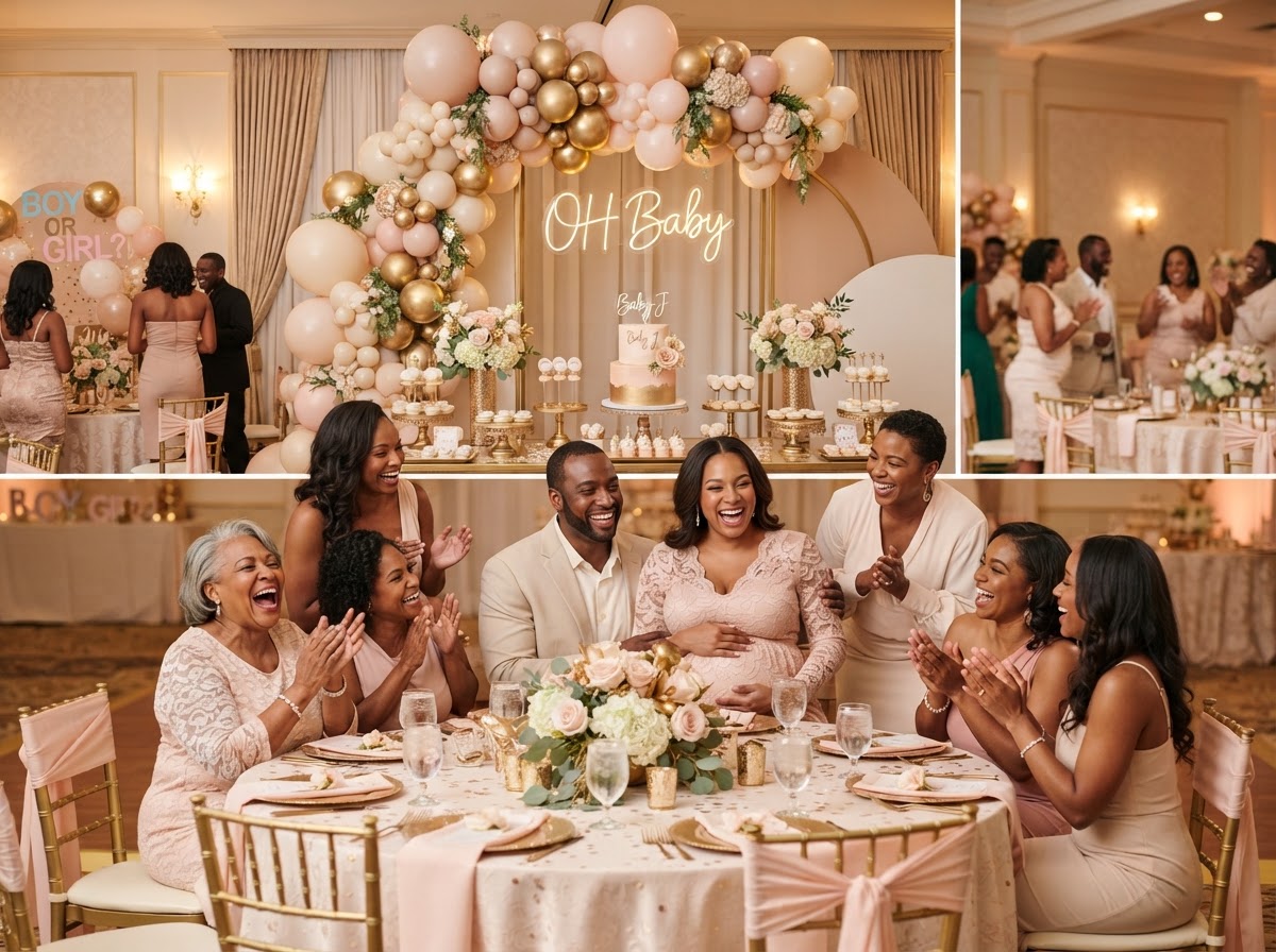 African American baby shower with blush and gold balloon arch and dessert table
