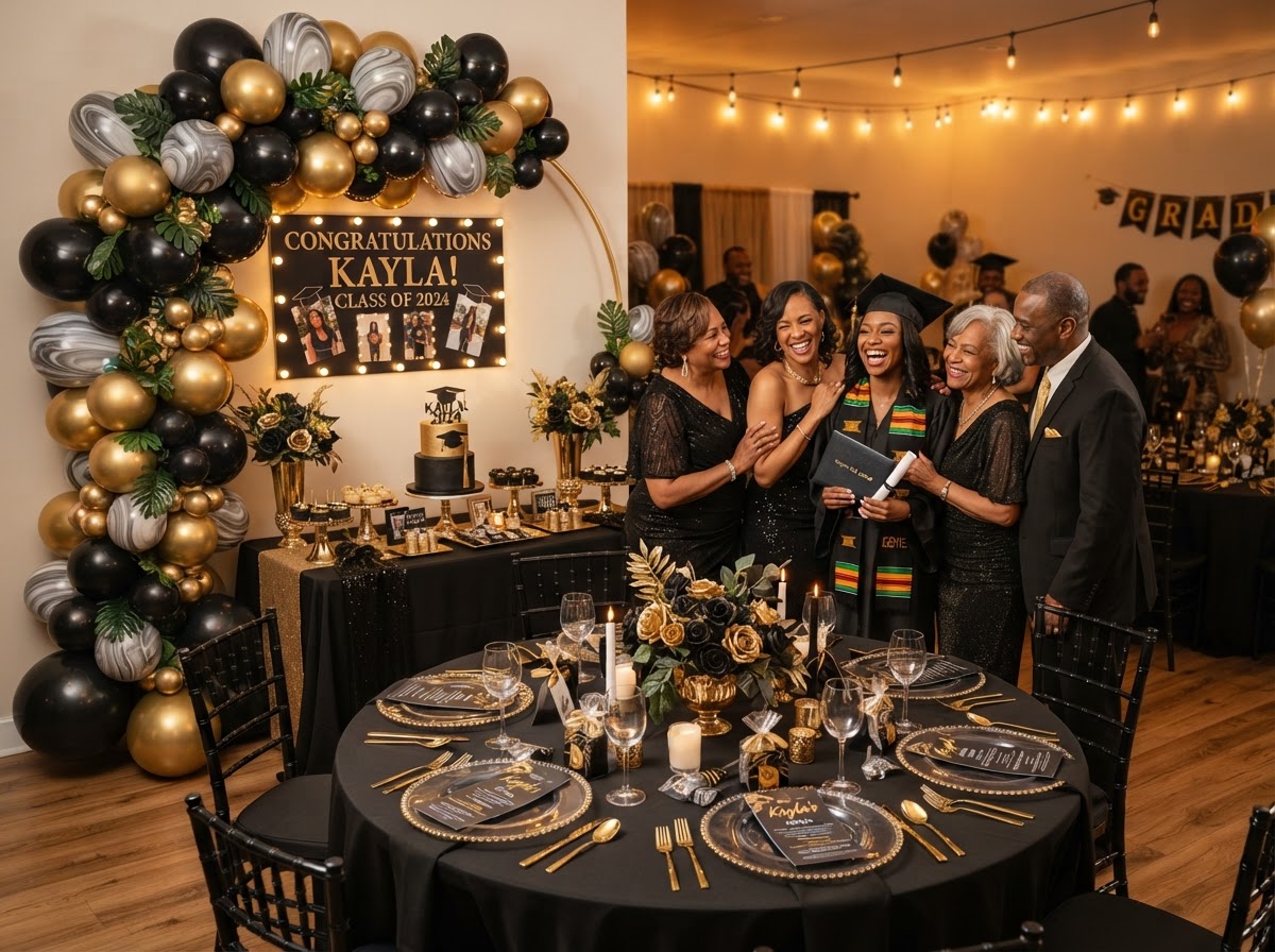 African American graduation celebration with black and gold elegant décor