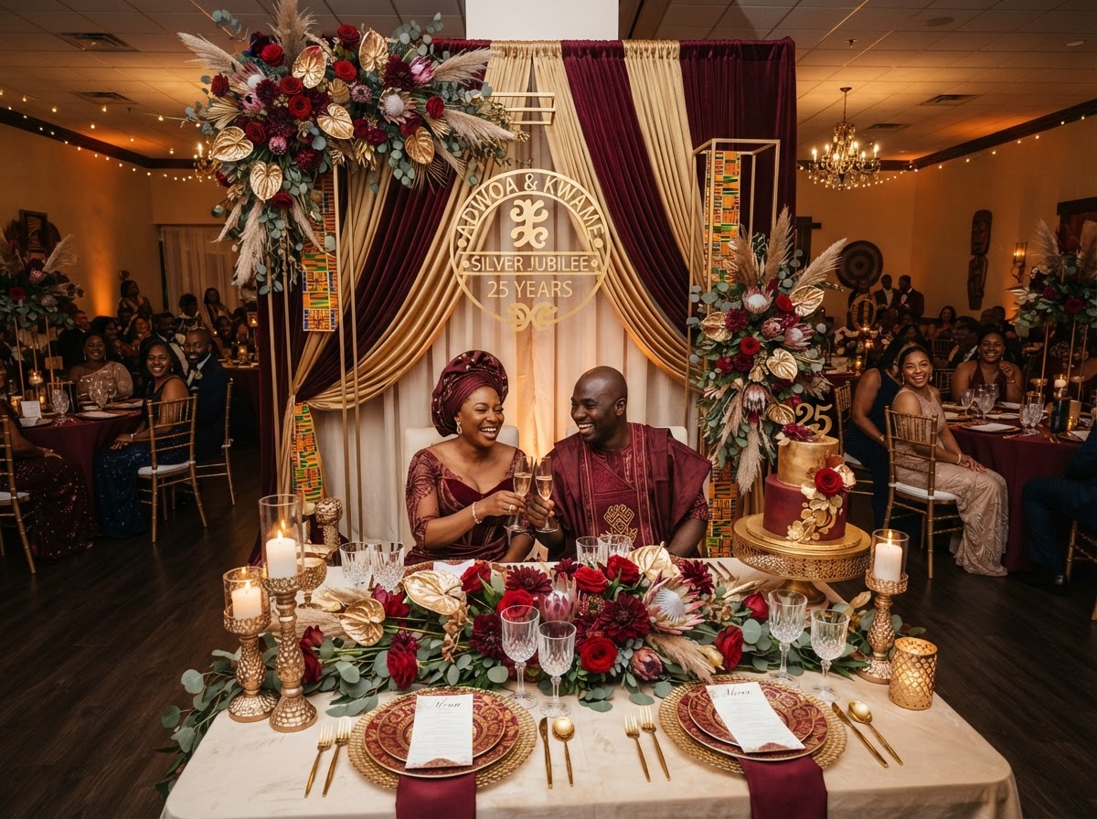 African themed anniversary celebration with burgundy and gold draped backdrop
