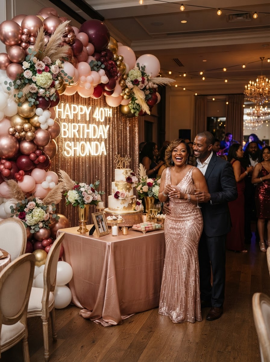 African American birthday celebration with rose gold and burgundy balloon installation