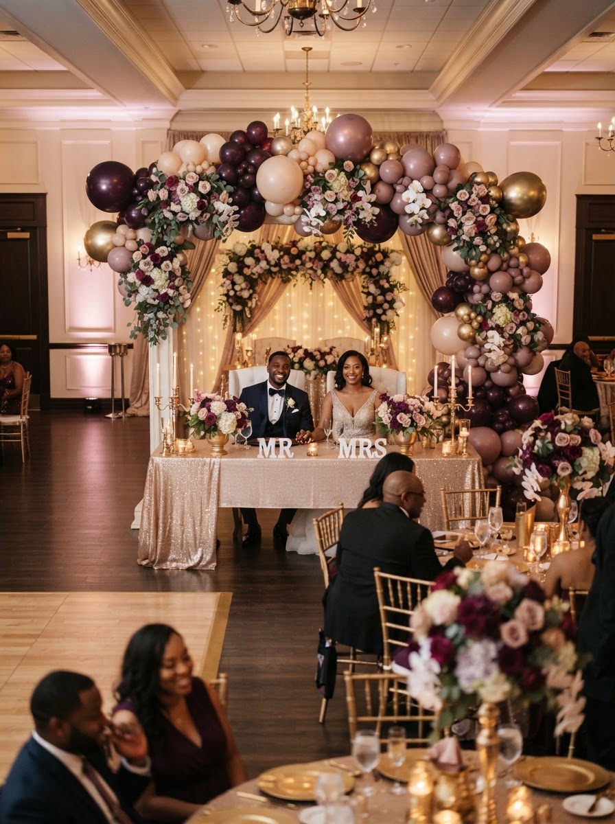African American wedding reception with plum and champagne floral styling