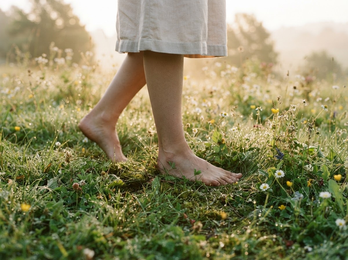 Bare feet resting on soft green grass with morning dew