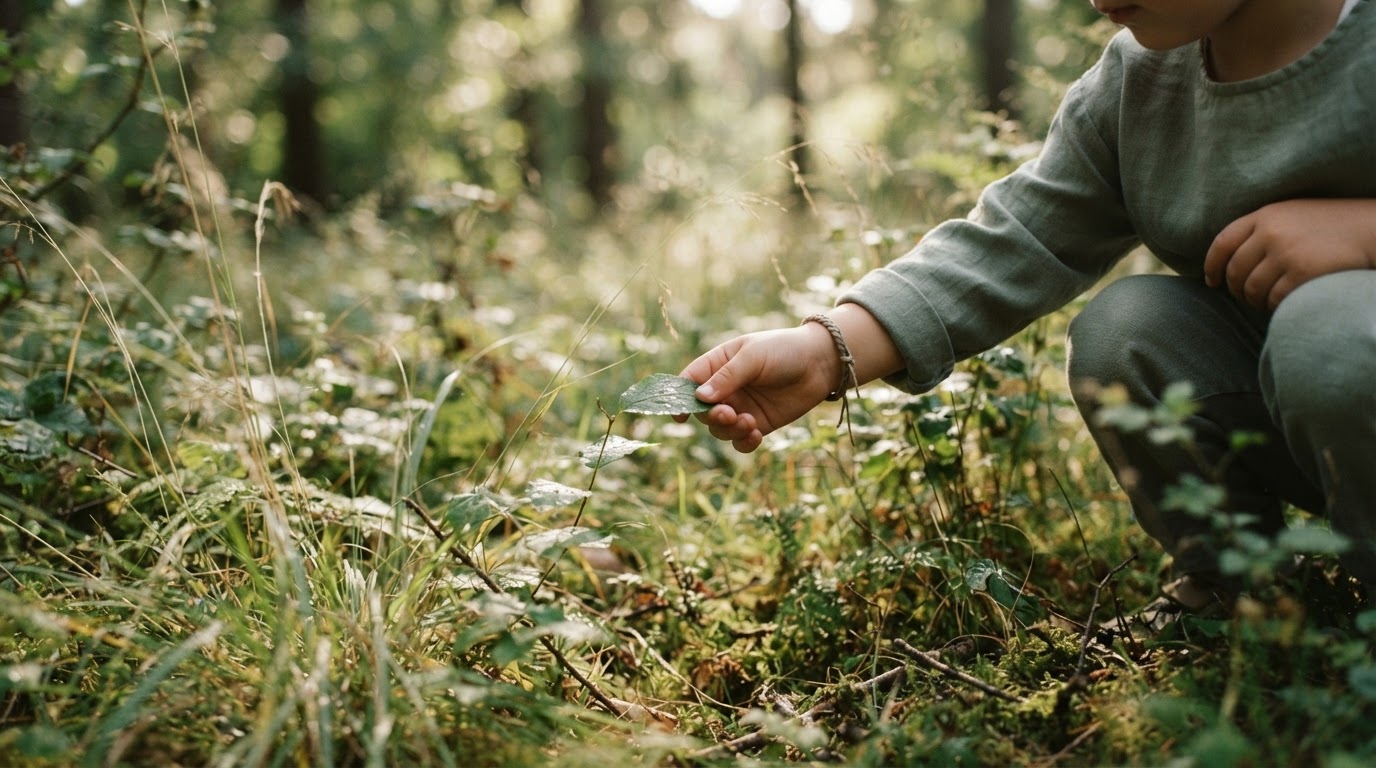 Soft sunlight filtering through a woodland canopy, a child's hand gently touching a leaf