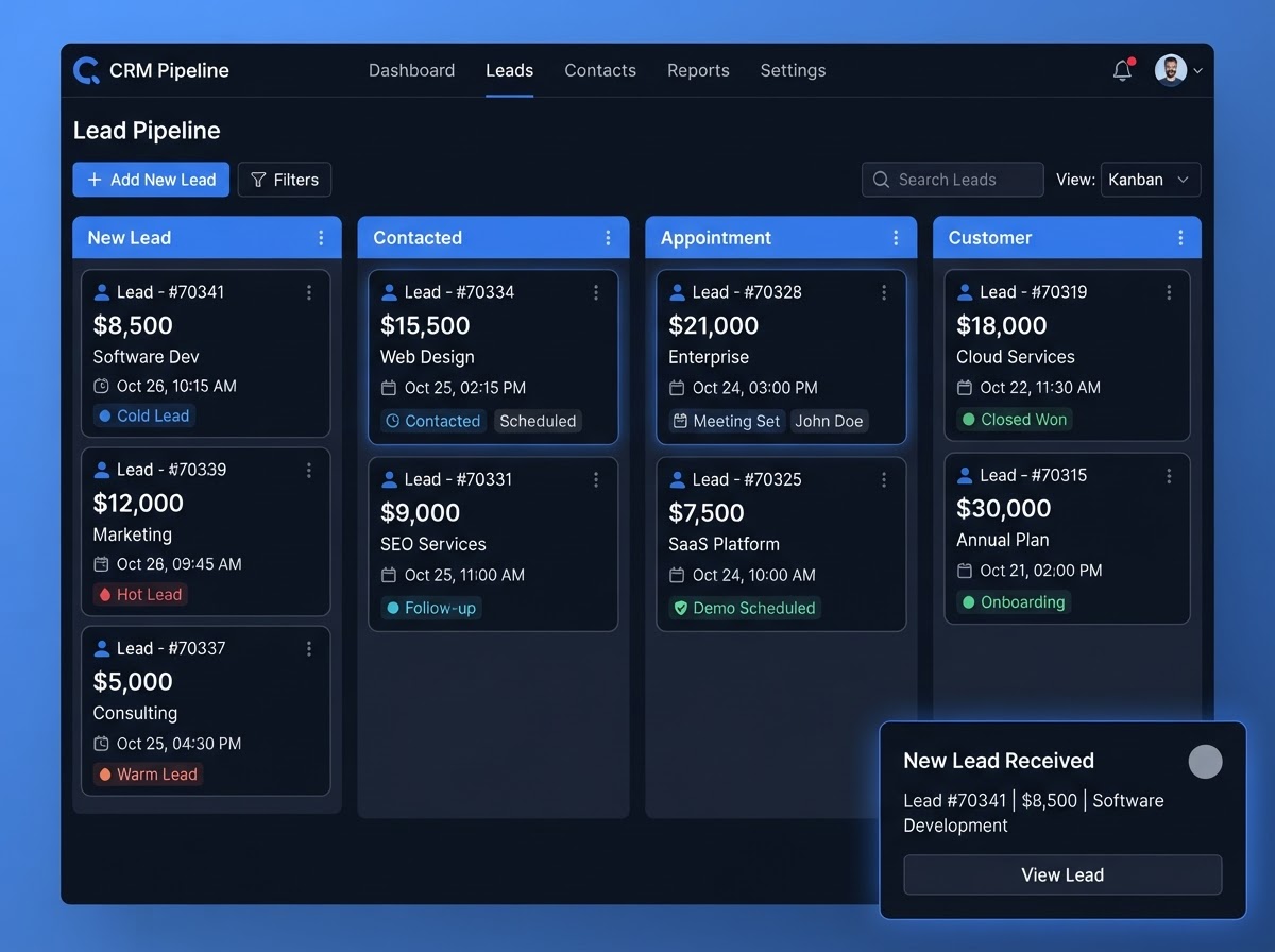 CRM lead pipeline and follow-up automation interface