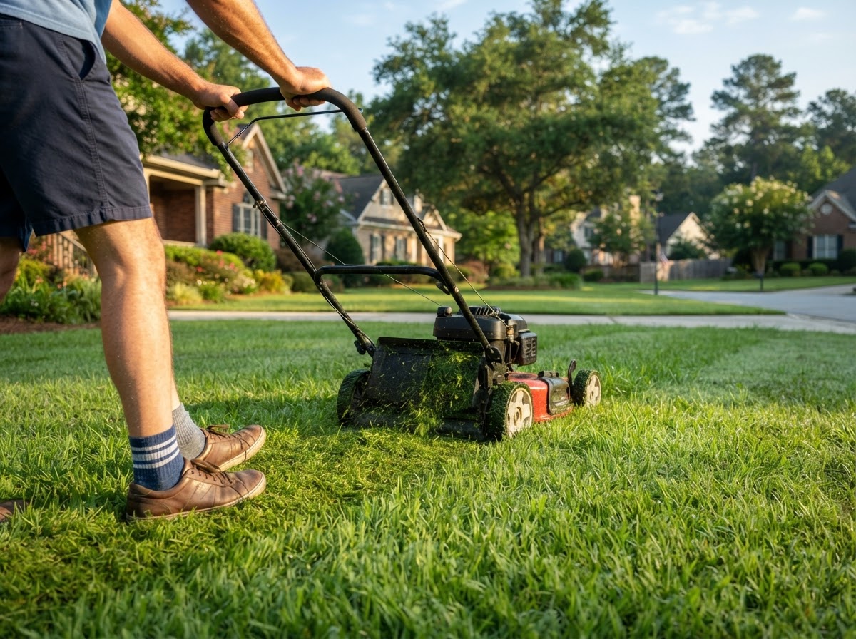 Lawn being mowed in a Greensboro neighborhood yard