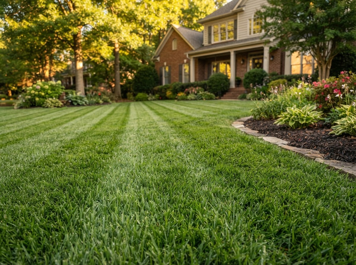 Freshly mowed green lawn in a Greensboro neighborhood