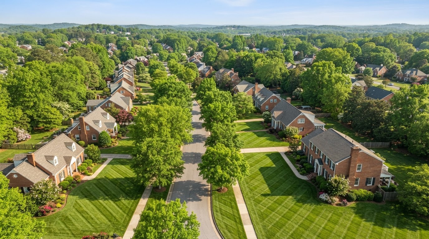 Aerial view of freshly mowed lawns in a Greensboro NC neighborhood