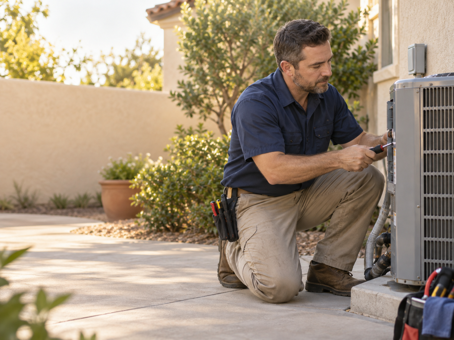 Service technician working on an outdoor air conditioning unit