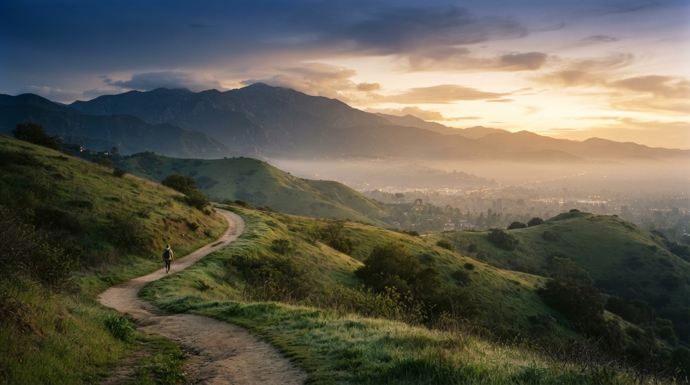 Dawn breaking over the San Gabriel Valley mountains near Arcadia, California