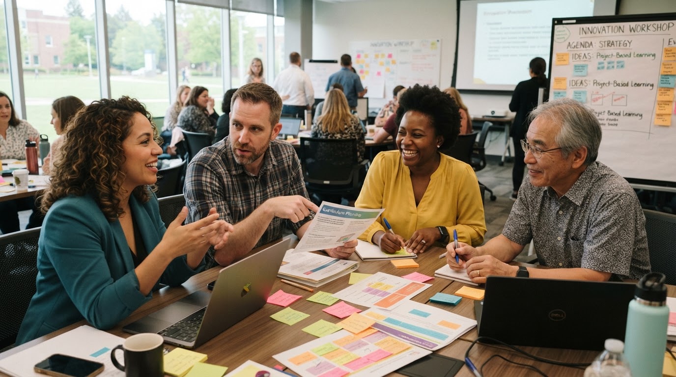 A diverse group of educators collaborating during a professional development workshop