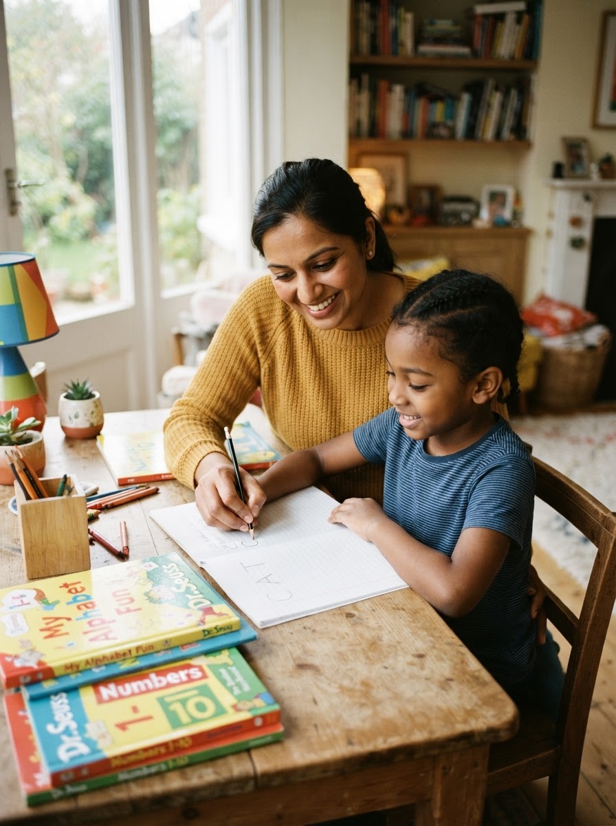 A South Asian female tutor gently guiding a young Black boy's hand as he writes in a notebook