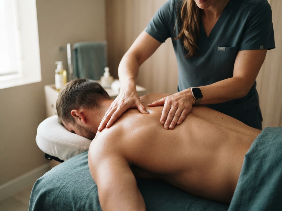 Therapist hands performing focused sports massage bodywork