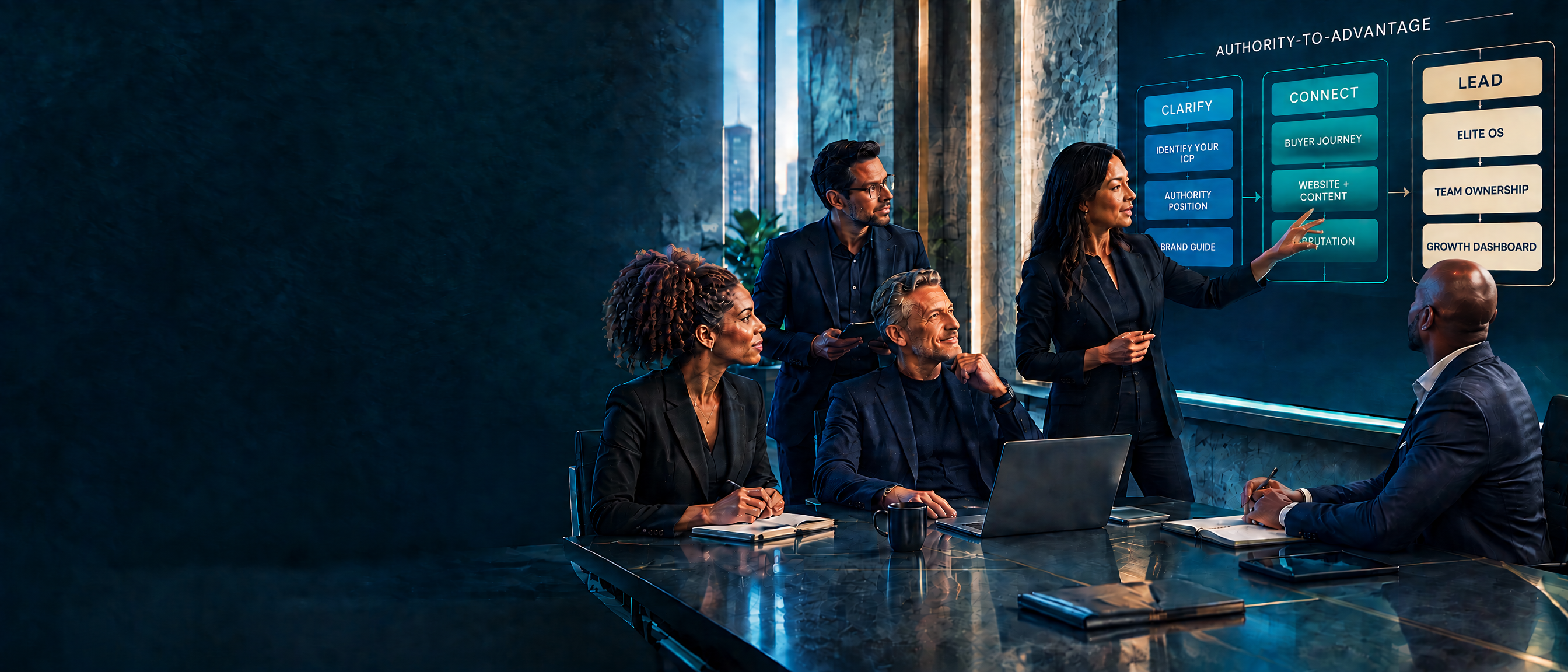 A leadership team reviews the Clarify, Connect, Lead growth blueprint together