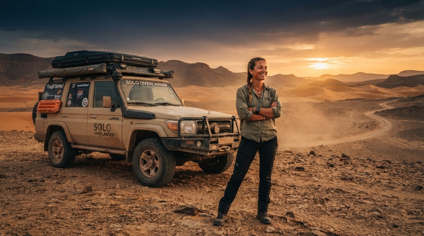 A confident solo woman overlander standing beside her 4x4 overlanding truck at golden hour in the desert