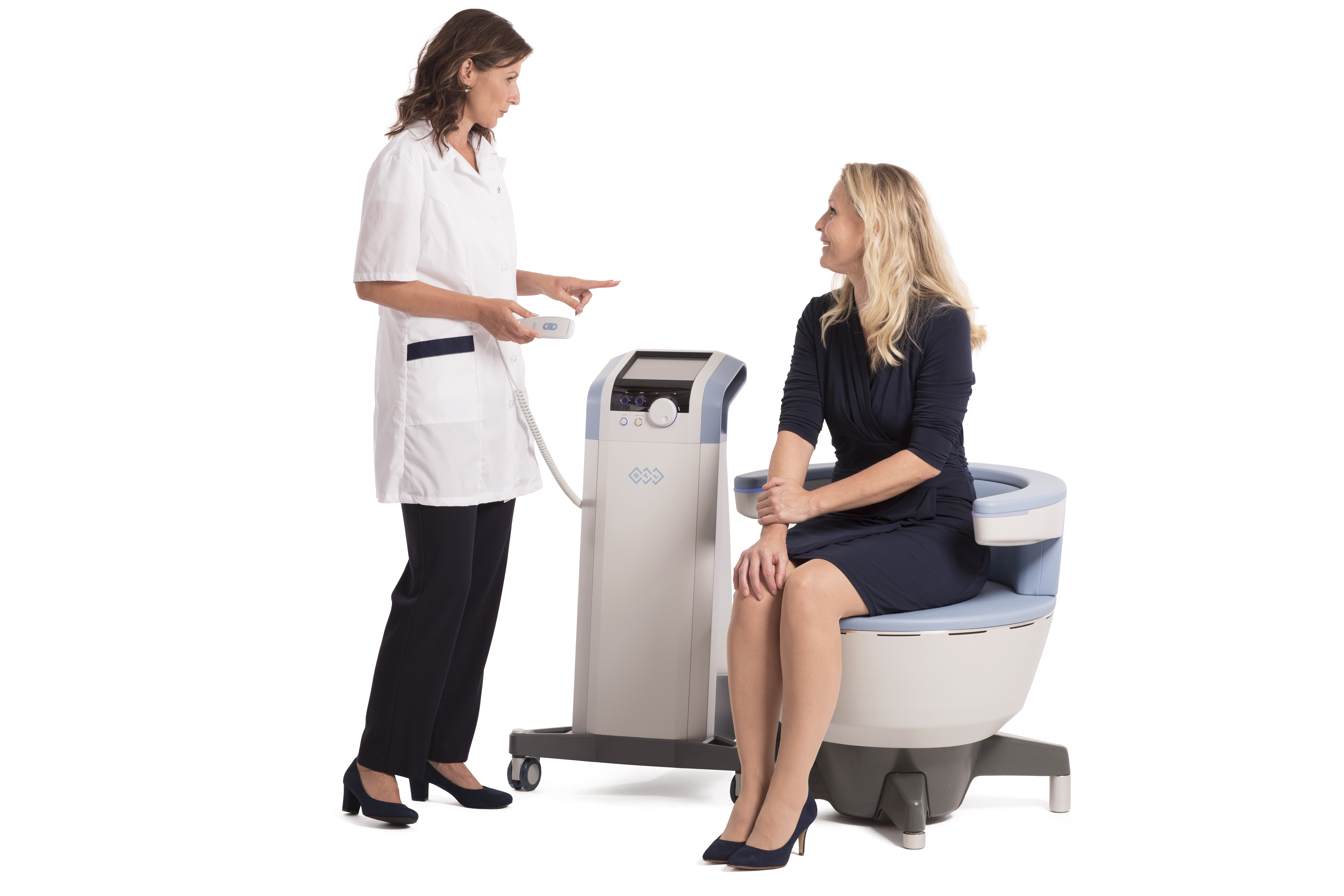 Woman seated comfortably on the Emsella chair in consultation