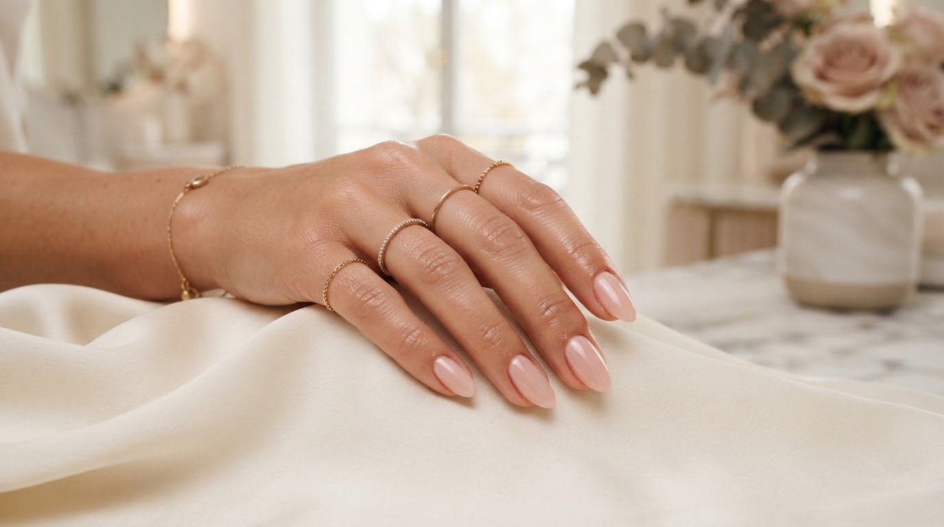 Elegant manicured hand with blush-pink nails on silk