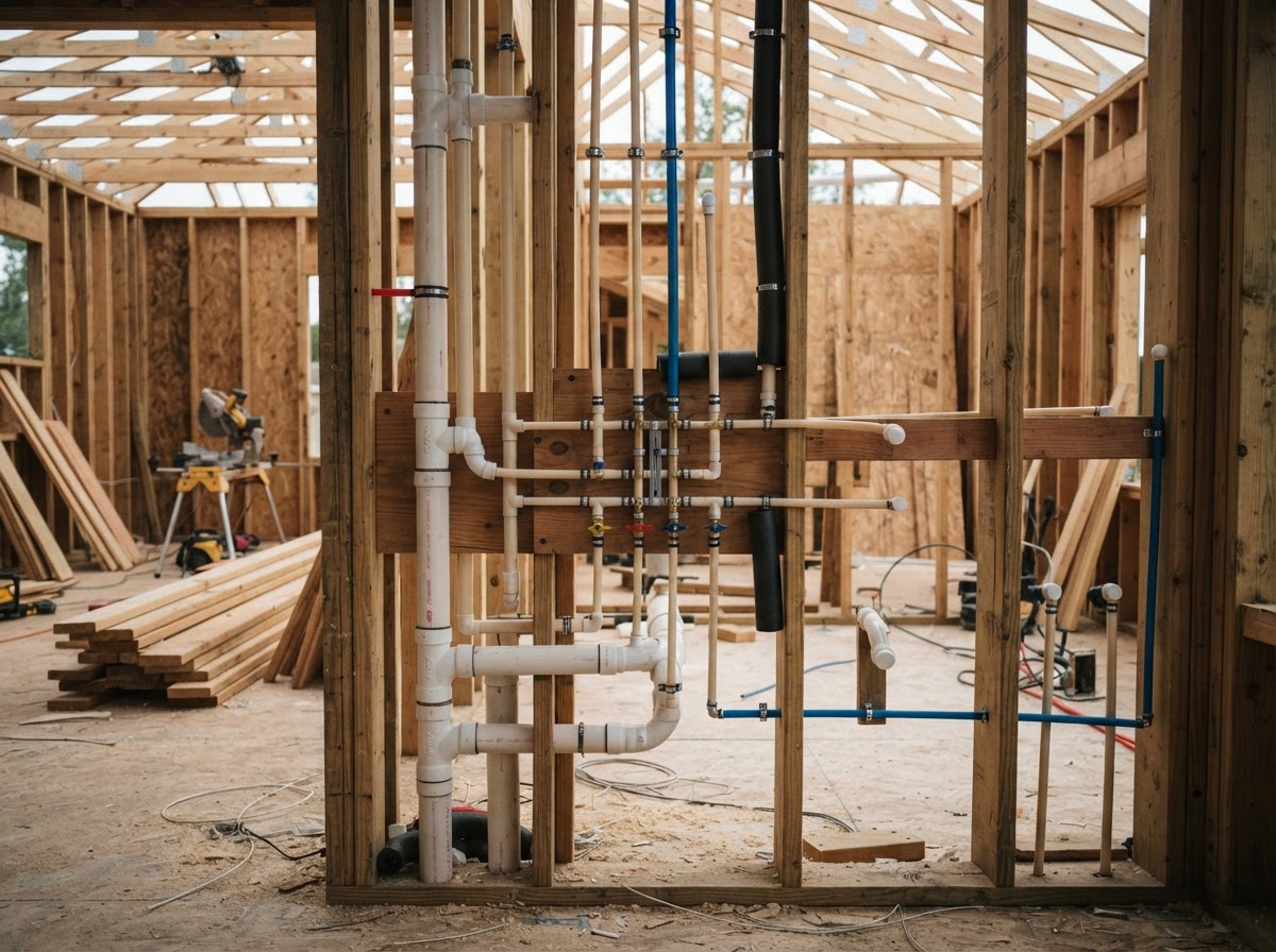Representative new construction plumbing rough-in and installation work