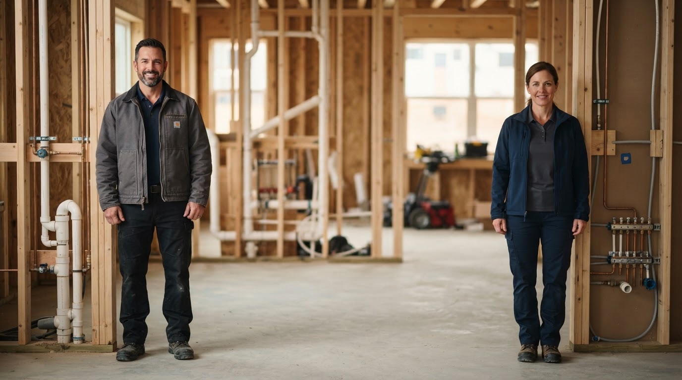 Representative plumbing business owners in a new-construction plumbing environment