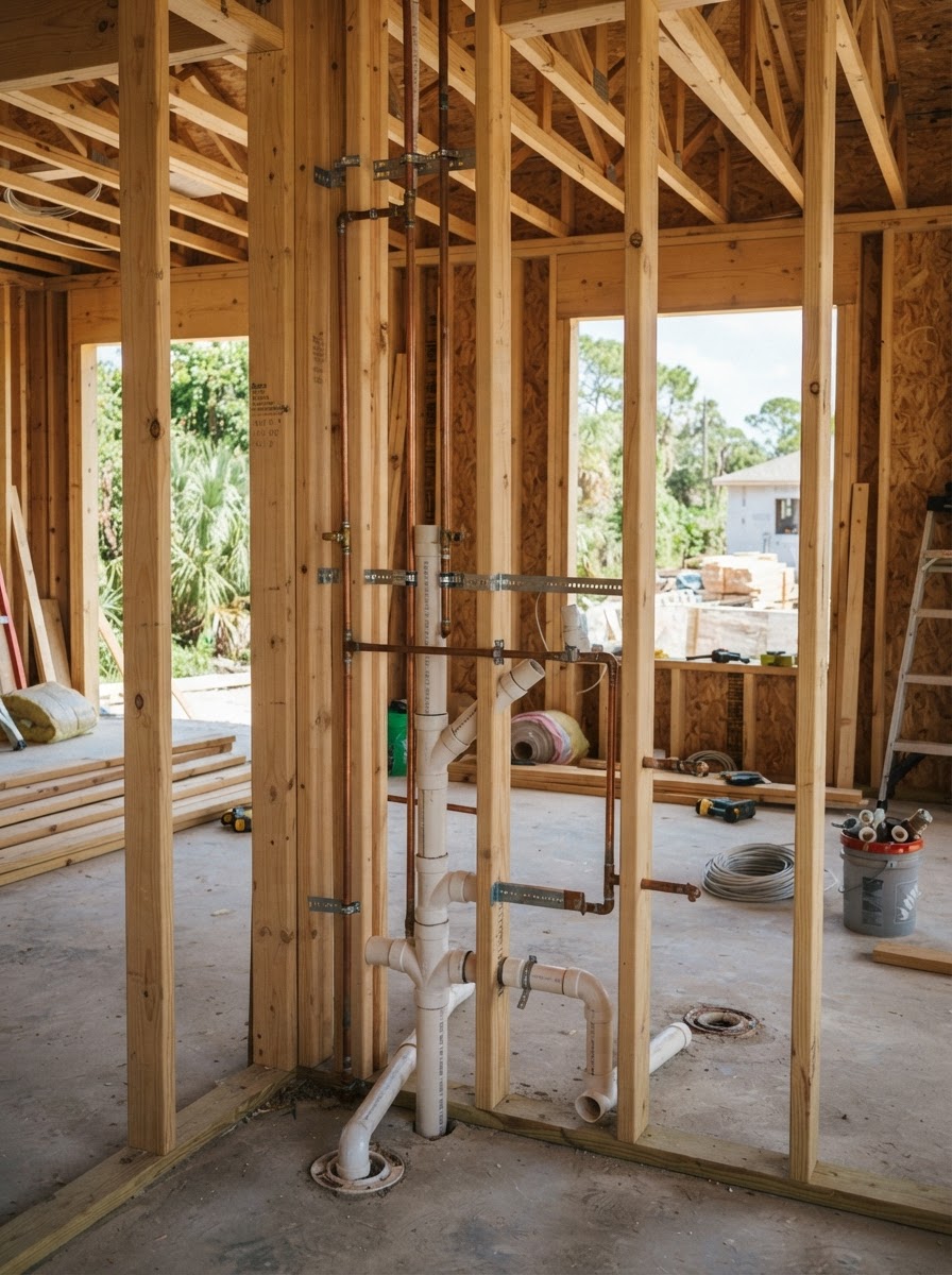 Representative new construction plumbing rough-in and piping