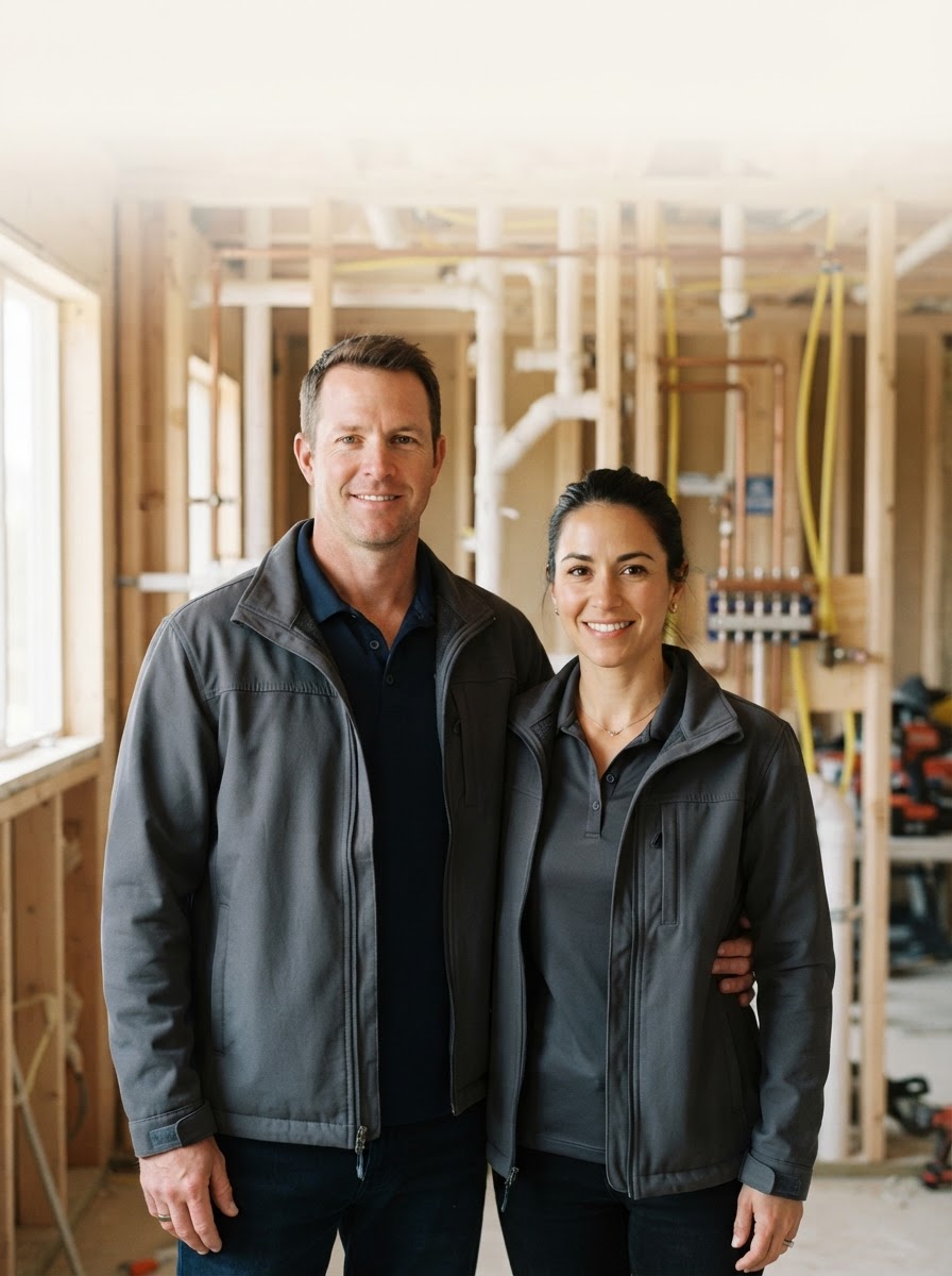 Representative plumbing business co-owners together in a construction plumbing environment