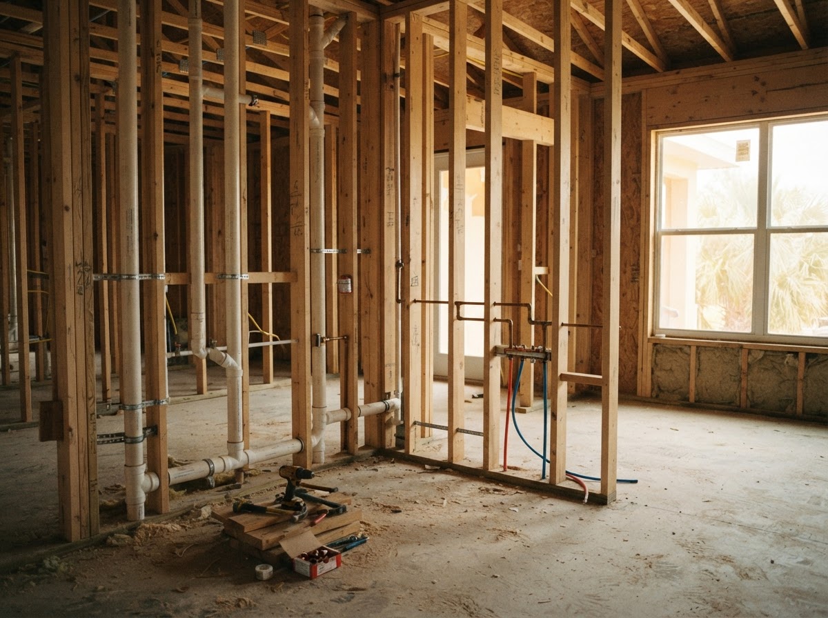 Representative construction-stage plumbing and piping on an active project