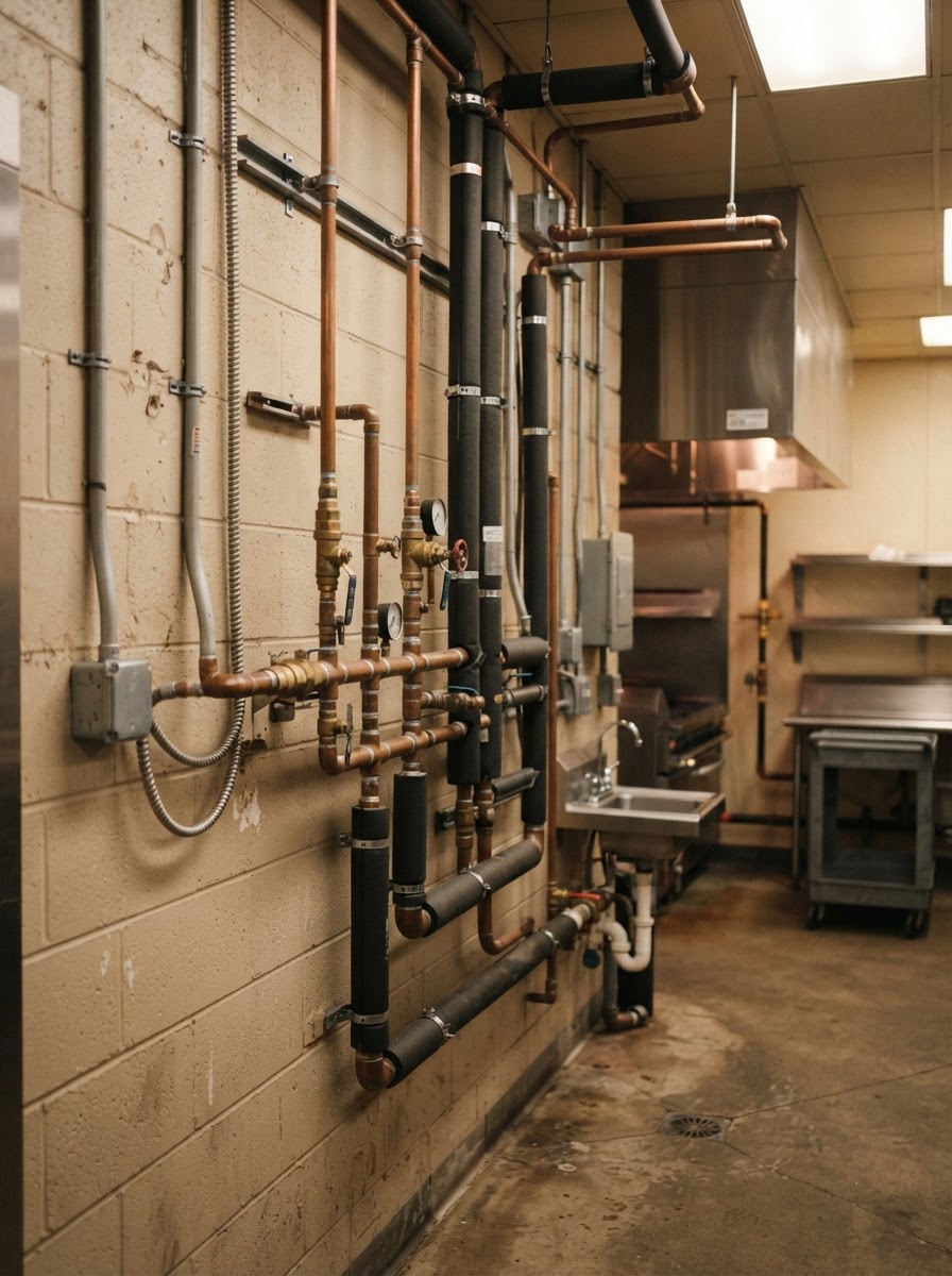 Representative commercial plumbing environment and piping work
