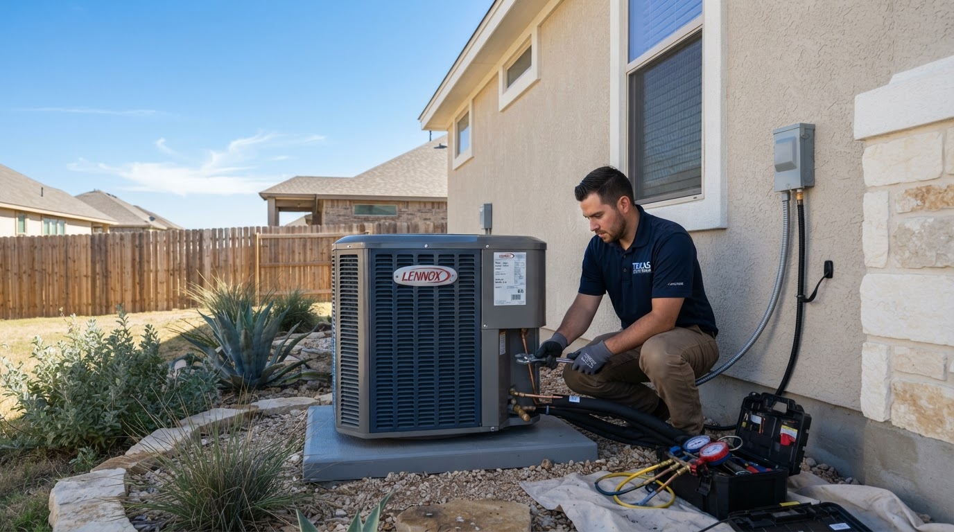 New residential air conditioning condenser unit installed beside a home