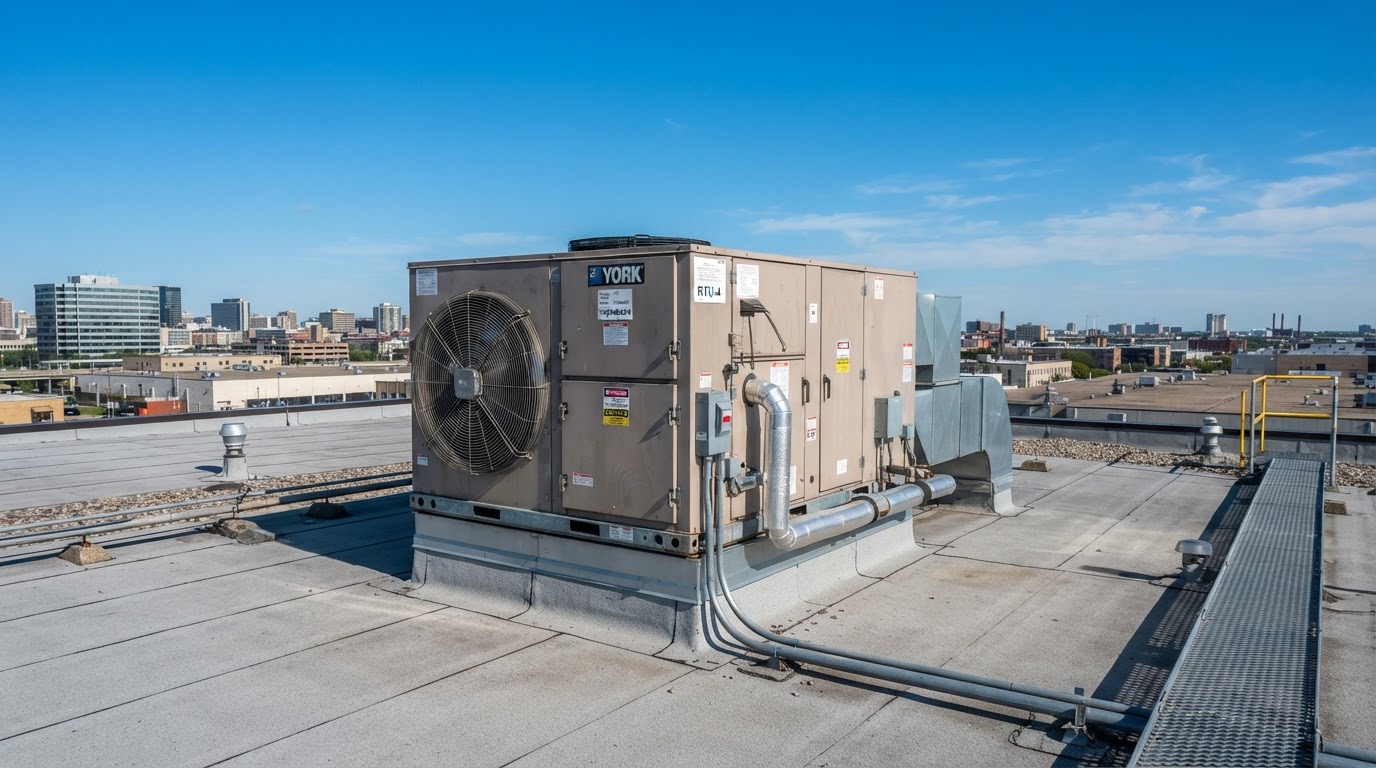 Large commercial rooftop packaged HVAC unit on a flat building roof
