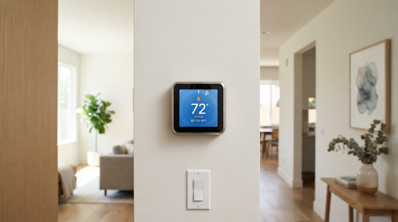 Smart digital thermostat mounted on an interior wall