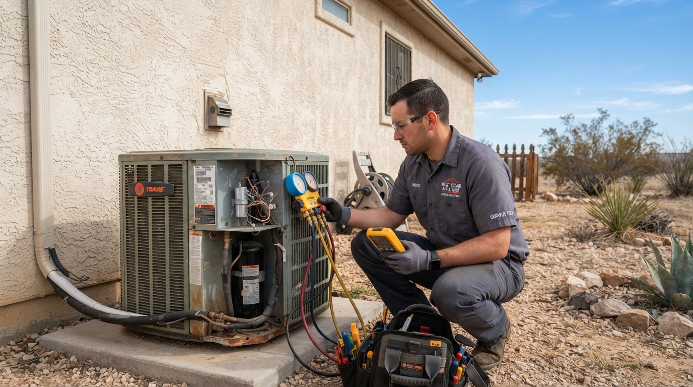 HVAC technician using diagnostic tools on a residential outdoor air conditioning condenser
