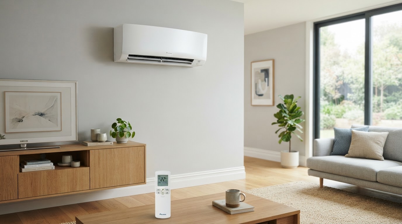 White ductless mini-split indoor unit mounted on a living room wall