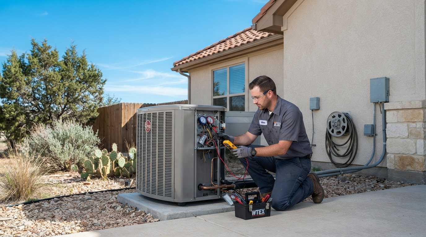 Outdoor residential heat pump unit beside a home