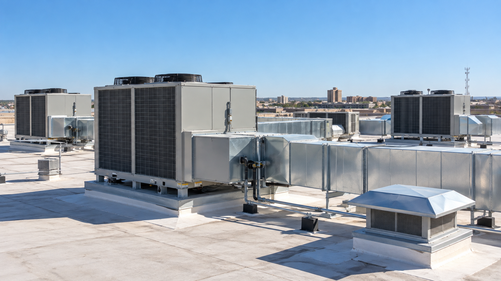 Commercial rooftop HVAC equipment and ductwork on a flat roof