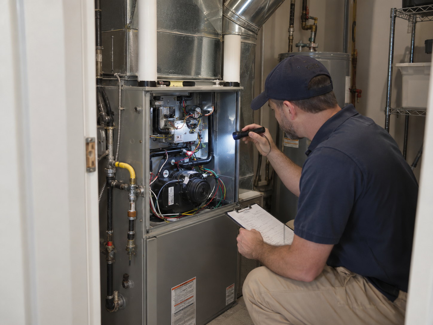 Technician inspecting an open furnace electrical and burner compartment with a flashlight