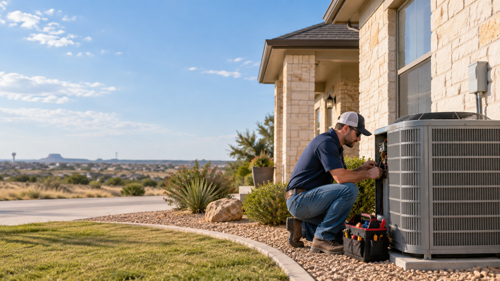 HVAC technician servicing a residential outdoor air conditioning unit in San Angelo