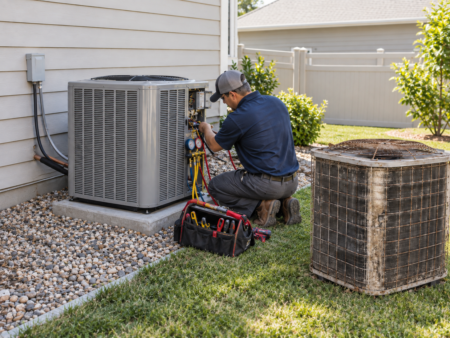 HVAC technician installing a new residential AC condenser beside an older replaced unit