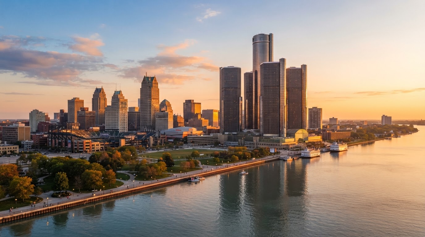 Detroit skyline with the Renaissance Center at warm golden sunrise