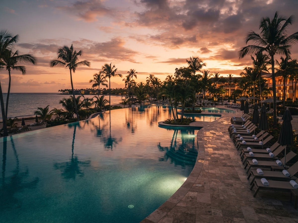 Resort pool at dusk