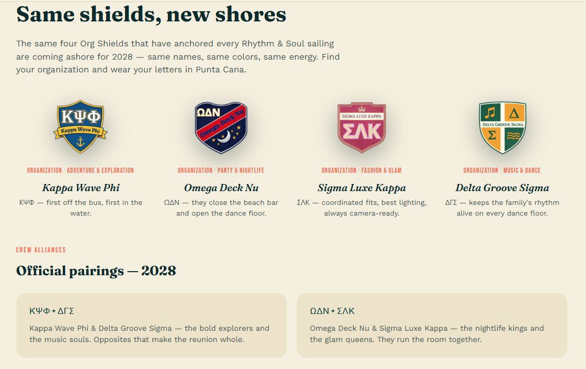Official Org Shields: Kappa Wave Phi, Omega Deck Nu, Sigma Luxe Kappa, Delta Groove Sigma