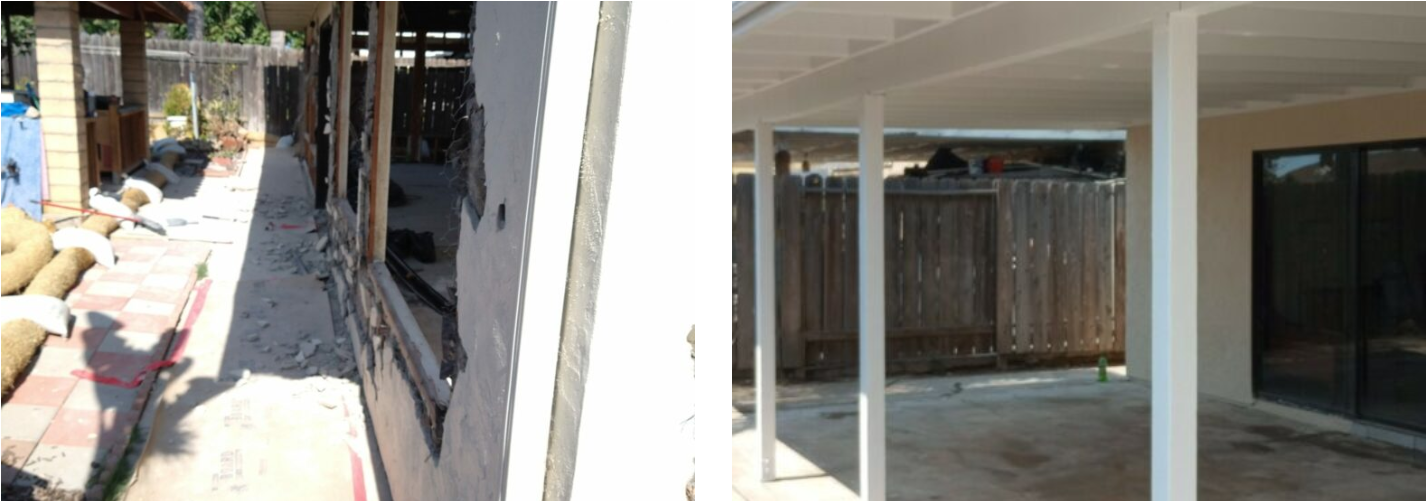 Exterior wall and covered residential patio area during Code Enforcement project
