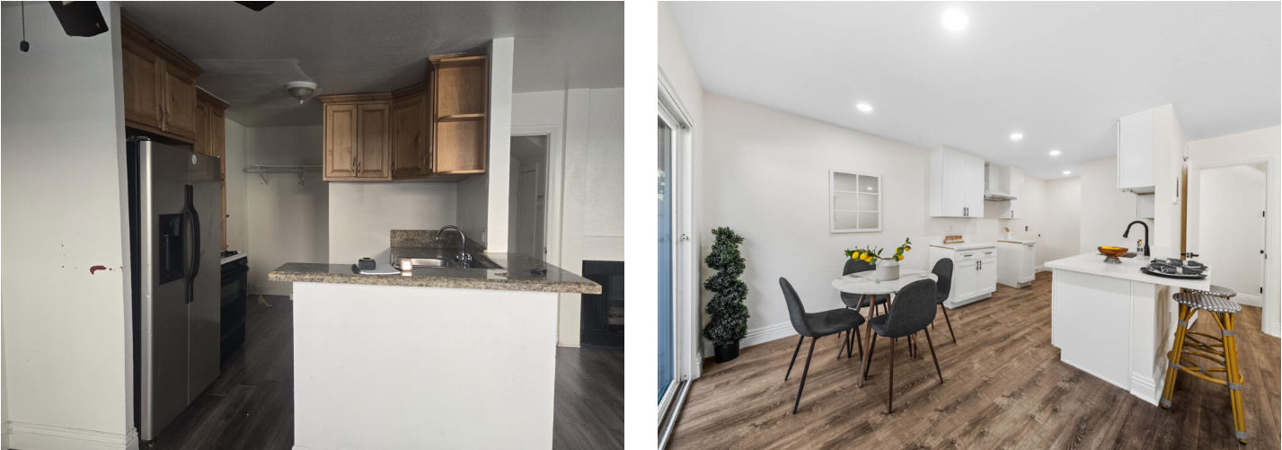 Before and after view of kitchen and dining room remodel