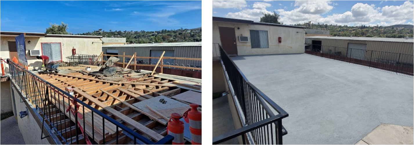 Balcony structure framing and exterior decking during construction work