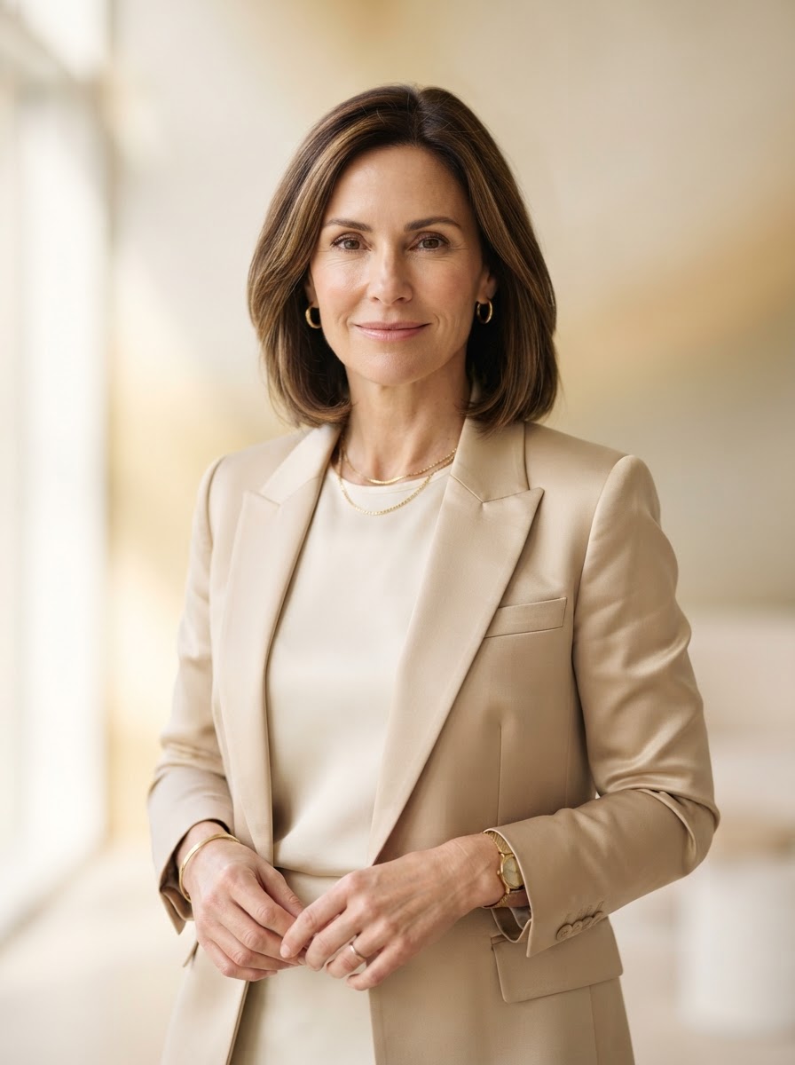 A restored, confident woman founder looking forward with calm strength