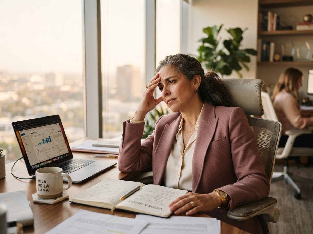 A founder pushing through exhaustion during her workday