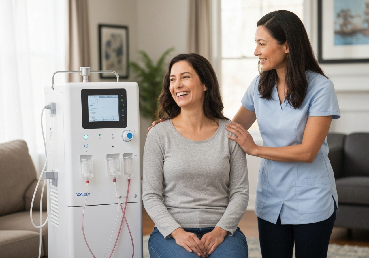 Smiling patient with her care partner's hand on her shoulder using a home hemodialysis machine