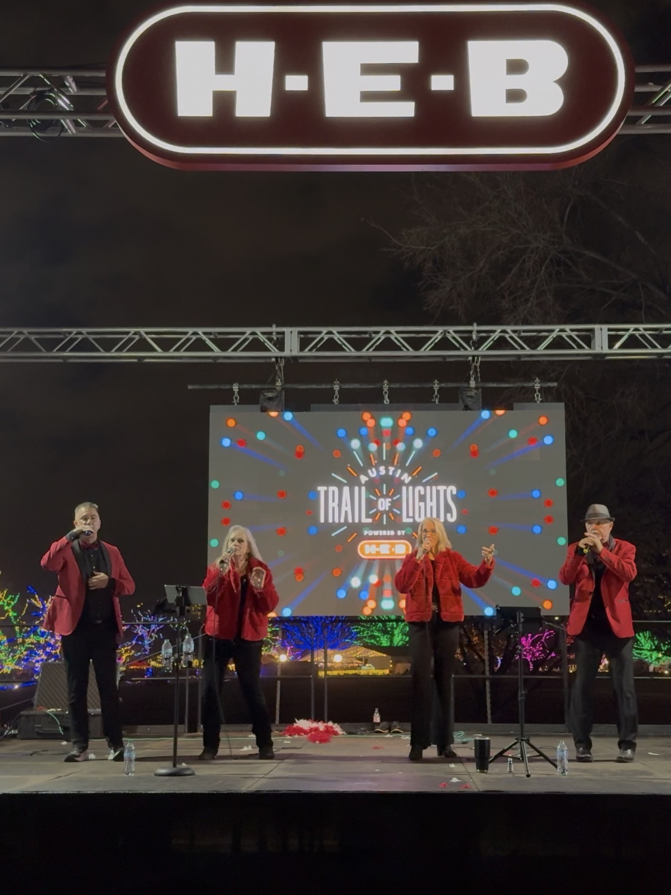 Laurie Winckel and Natural Blend vocal quartet performing live at the Austin Trail of Lights on the H-E-B stage